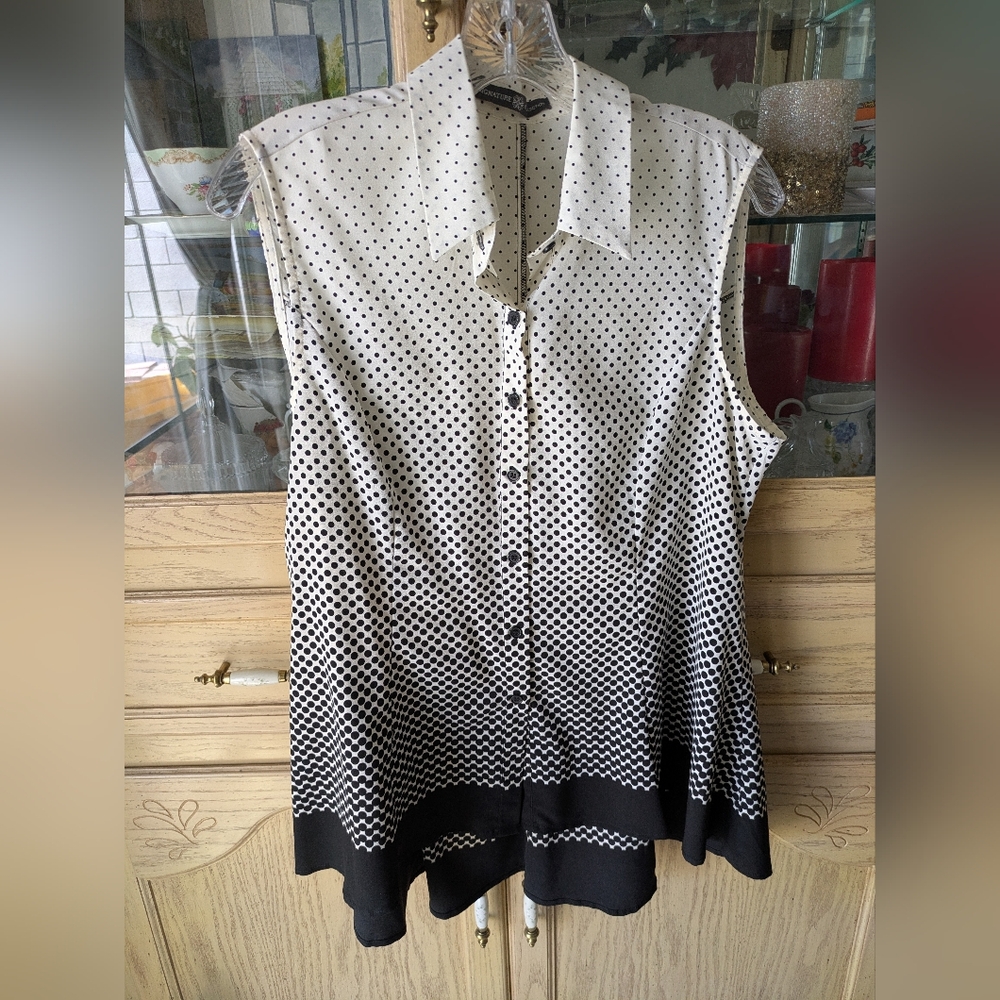 Signature Collection Polka Dot Halftone Asymmetrical Black Polyester Blouse L